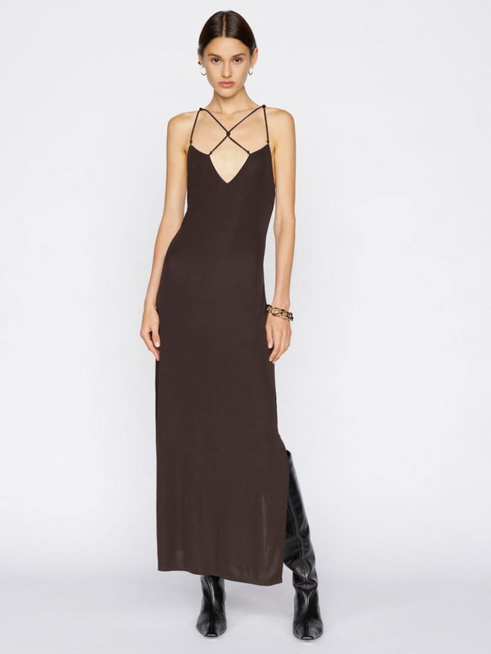 FRAME Delicate Knot strappy detail vampy brown maxi slip dress